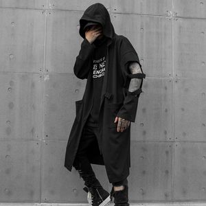 Hommes Trench-Coats Automne/Hiver Manches Trou Long Coupe-Vent Punk Hip Hop Cardigan Couleur Pure À Capuche Gothique Veste Réglable Ceinture Cape Hommes