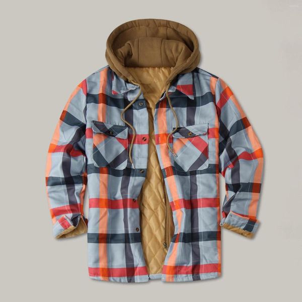 Hommes Trench Coats Mode Veste Automne Et Hiver Outwear Plaid Revers Poche À Capuche Rembourré Lâche Chemise Top En Plein Air Mâle