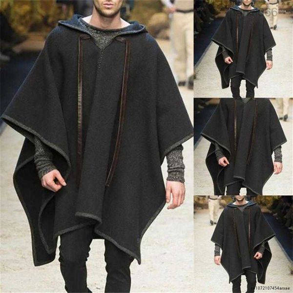 Trenchs pour hommes Mode Hommes Cape à capuche Couleur unie Cape 2023 Streetwear Poncho V Col Lâche Laine Irrégulière Longue Noir