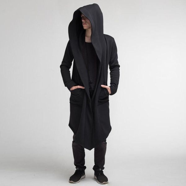 Hommes Trench Coats Mode Hommes Style Japonais À Capuche Solide Couleur Veste Long Cardigan Coupe-Vent Européen Cape Manteau Manteau Vestes Homme