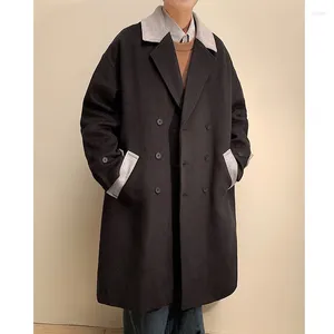 Heren Trench Coats Fashion Patchwork kleur wollen losse dubbele rijs kleding casual overjassen lange jassen mannen bovenkleding