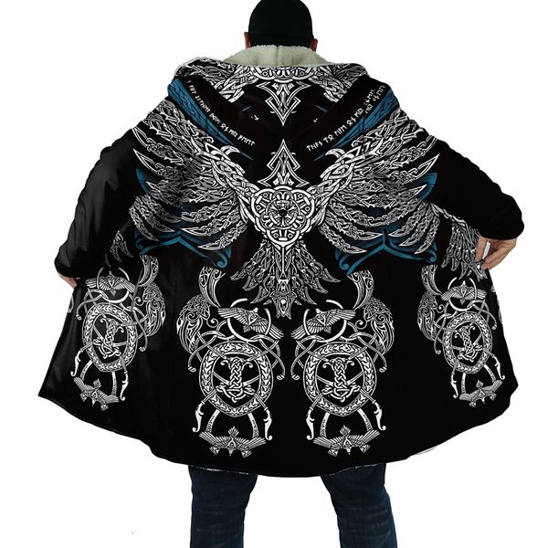 Trenchs pour hommes Manteaux à capuche pour hommes d'hiver de mode Viking Crow Tattoo 3D Full Body Impression Laine Unisexe Casual Épaissie Chaud 230823