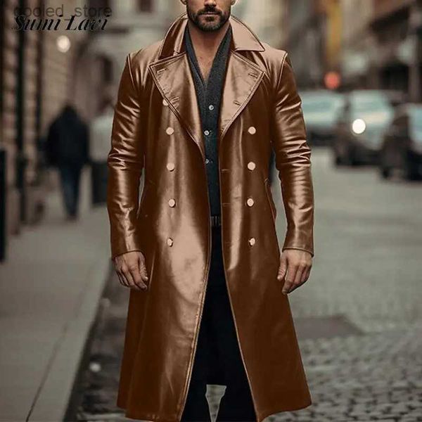 Gabardinas para hombres Estilo gángster Cortavientos Abrigo largo de cuero para hombre Otoño Vintage Cuello de doble botonadura Abrigos de invierno Hombres PU Chaquetas de cuero Q231118