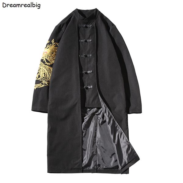 Gabardinas para hombres Golden Dragon Bordado Hombres Abrigo Soporte Collar Rana Clre Single Breasted Primavera Otoño Estilo largo Chaqueta negra 230828