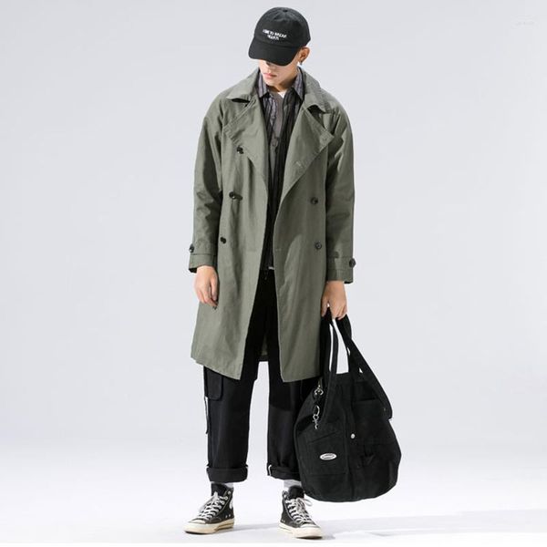 Gabardinas para hombres Estilo japonés Sólido Abrigo largo cortavientos Hombres Doble botonadura Manf Solapa Cinturón Primavera Capa Trenchcoat