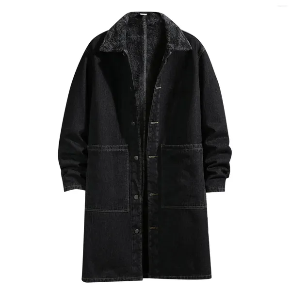 Trenchs de Trenchs d'hommes Jean Coat Hommes Mode Casual Hiver et Automne Lâche Denim Manches longues Vêtements doublés en polaire pour le travail en plein air