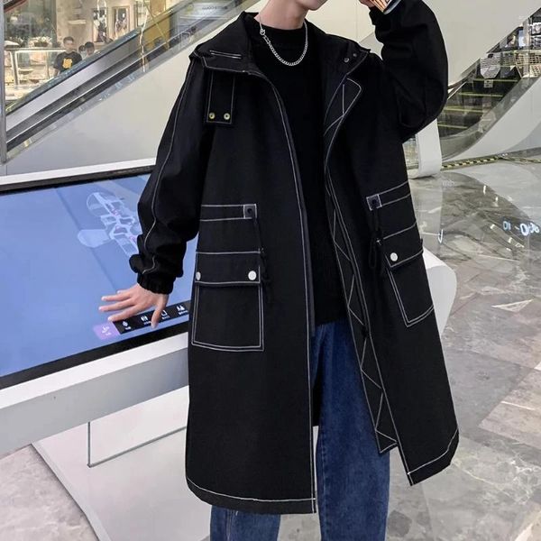 Trenchs de hommes manteaux de style coréen dernière rue longue veste mode coupe-vent décontracté multi-poches à capuche manteau design marque vêtements