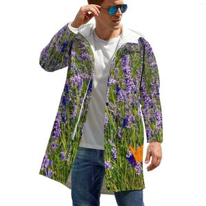 Gabardina para hombre, cortavientos de campo de lavanda, estampado de flores moradas para hombre, chaquetas largas Vintage personalizadas de otoño, informales, holgadas, de talla grande 5XL