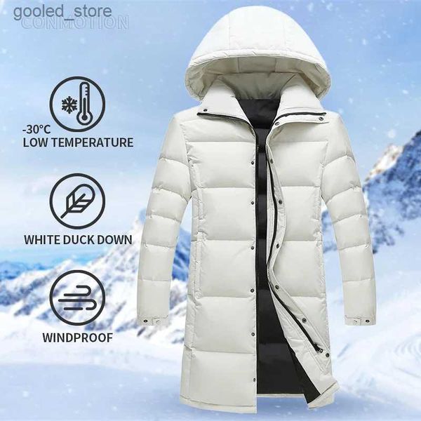 Abrigos de trinchera para hombres Chaqueta larga para hombres Espesar Abrigo de invierno cálido con capucha Pato blanco Abajo Parkas Color puro Abrigo casual Abrigo al aire libre Pareja Ropa Q231118