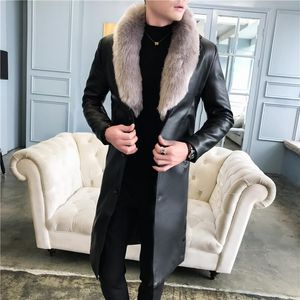 Hommes Trench Manteaux De Luxe Grand Col De Fourrure Long En Cuir Pour Hommes Blanc Épais Velours Manteaux D'hiver Jakets Élégant Noir