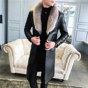 Men's Leather Trench Coat with Luxurious Fur Collar, White Velvet Winter Overcoat, Elegant Black1