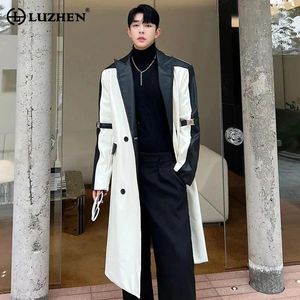 Heren Trench Coats Luzhen Koreaanse stijlvolle lange windjas jas veer kleur contrast splicing ontwerpping trendy originele lederen bovenkleding