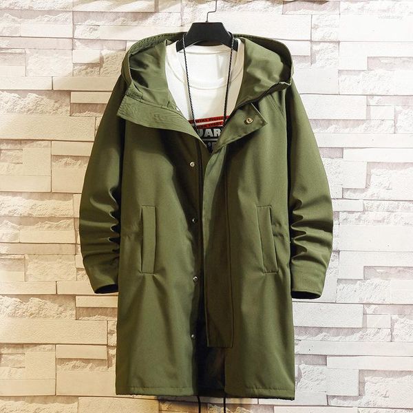 Hommes Trench-Coats Homme Vert Long Manteau Surdimensionné Style Coréen Jaune À Capuche Coupe-Vent Veste Grande Taille Hommes Casual Vêtements 5xl 6xl