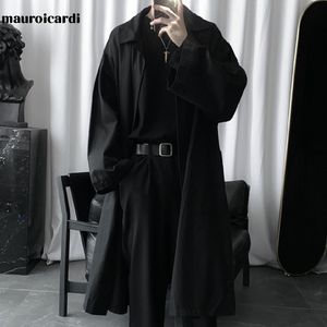 Heren Trench Coats Mauroicardi Autumn Long Black Oversized Coat Men Sleeve losse Dark Academia Esthetic Mode zonder knopen 230331