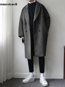 Abrigos de zanjas para hombres Mauroicardi otoño invierno suelto casual gris negro suave abrigo de lana cálido hombres solapa doble botonadura moda coreana 231021