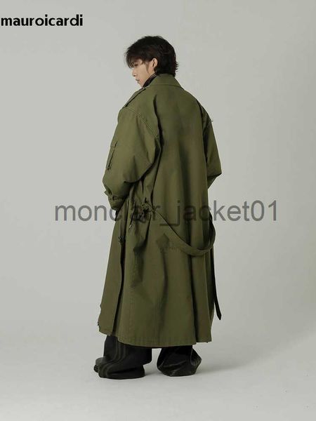 Trenchs de Hommes Mauroicardi Printemps Automne Cool Long Armée Vert Surdimensionné Pardessus Hommes Ceintures Lâche Luxe Designer Vêtements Cargo Manteau 2023 J230920