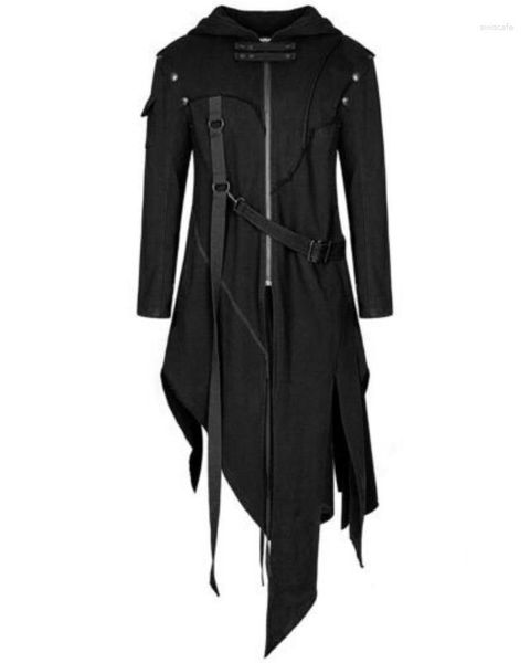 Gabardinas para hombres Traje medieval Hombres Abrigo gótico victoriano Steampunk Chaqueta larga negra Sudaderas con capucha Diseño irregular Abrigo Uniforme Cos