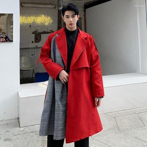 Trench-Coats Homme Moyen Homme Et Long Plaid Spliced Vintage ChicTrench Coat Lâche Cranté Bandage Rouge Coupe-Vent Automne Hiver