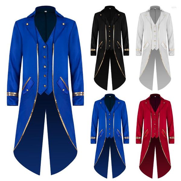 Trench-Coats Homme Slim Fit Smoking Gothique Veste Steampunk Tailcoat Long Manteau Halloween Costume Médiéval Robe Or Garniture