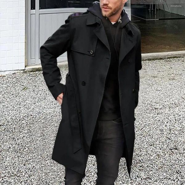 Trench Coats Men's Men Belt Coat Elemy Double-Breasted Long avec des poches à collier de revers Brill Breaker d'hiver pour Streetwear