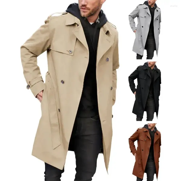 Trenchs d'hommes Hommes Ceinture Manteau Élégant Double boutonnage Long avec poches à revers Automne / Hiver Couleur Solide Streetwear