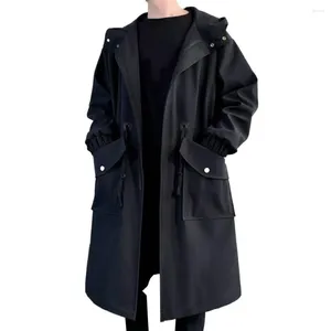 Trench Coats Men's Men Men Moyen-longueur Jacket Streetwear avec Hood Big Pockets Conception de vent Mid Longue