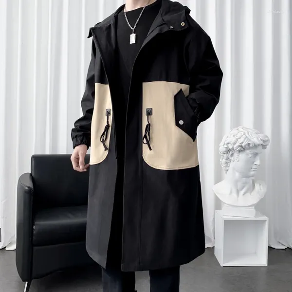 Trenchs de hommes manteaux hommes manteau à capuche patchwork mode coréenne coupe-vent pardessus vestes mâle veste décontractée hip hop streetwear