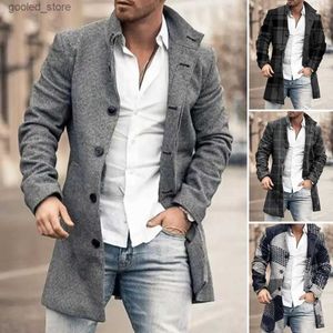 Trenchs d'hommes Hommes Pardessus Plaid Single-Breasted Col Turndown Manches longues Slim Veste mi-longue Manteau Poches chaudes Trench Coat Q231118