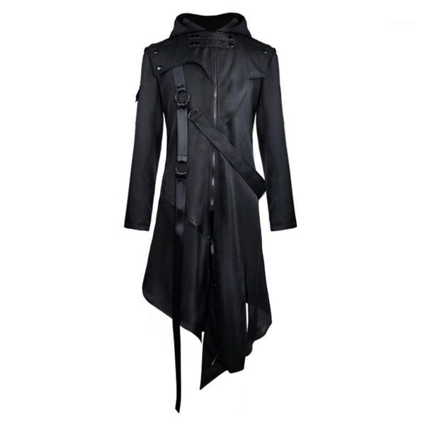 Hommes Trench-Coats Manteau Homme Gothique Noir Goth Asymétrique Longue Veste Slim Fit Hommes Sangle À Capuche Survêtement Automne Automne Mode Overco