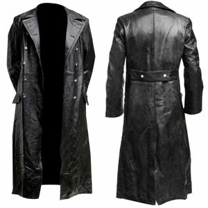 Heren Trench Coats Heren Duitse klassieker WW2 Militair uniform Officier Black Real Leather Trench Coat 230822