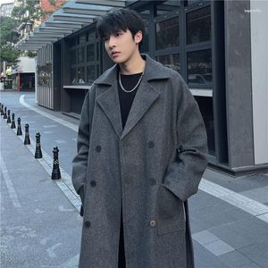 Heren trenchcoats Koreaanse versie voor heren Retro dik halflang over de knie jas losse pakkraag dubbele rij knopen zwart knap