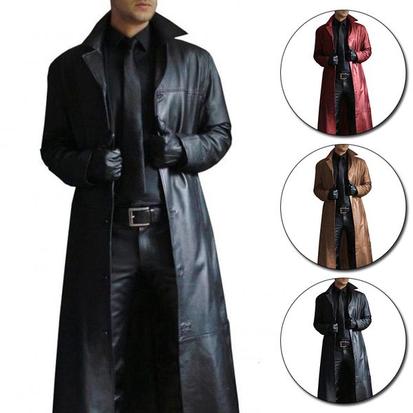 Trenchs pour hommes Trench-Coat en cuir pour hommes Vintage Style britannique coupe-vent beau couleur unie coupe ajustée pardessus longue veste grande taille S-5XL 230828