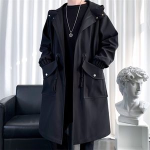 Men S Trench Coats Men S Wind Breaker Jacket Lange Oversize Loose Streetwear Hooded Vintage Black High Street Casual Male Outerwear 221007