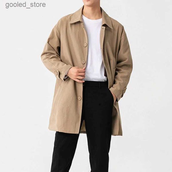 Gabardinas para hombres Hombres Trench Moda suelta Moda urbana Negocios Casual Caballeros Color sólido Longitud media Japón Estilo Juventud Lujo Caqui Cortavientos Q231118