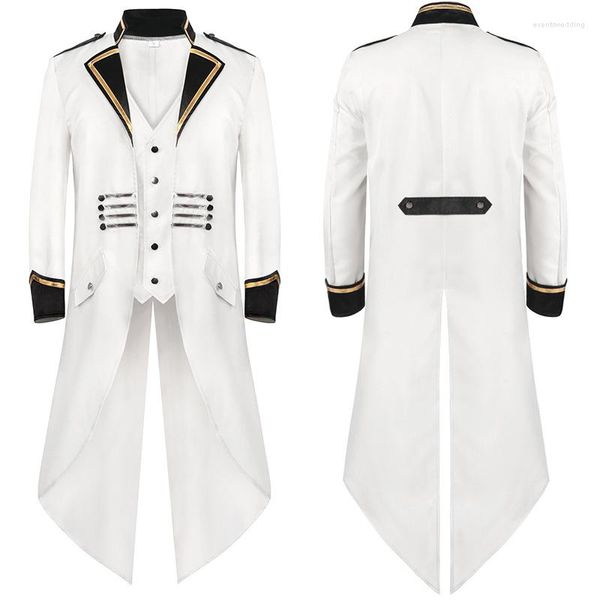 Gabardina para hombre Hombres Blanco Medieval Steampunk Tailcoat Silver Golden Trim Botton Jacket Pirate Vampire Cosplay Gothic Victorian Frock Coat