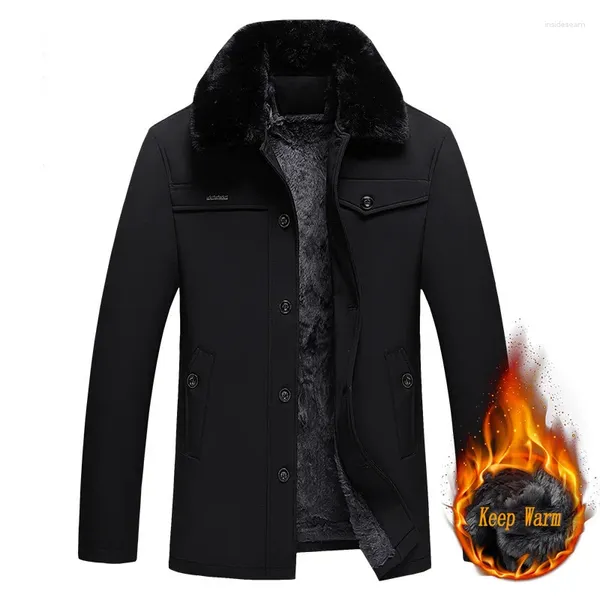 Abrigos de zanjas para hombres Hombres Invierno Parka Fleece Forrado Grueso Cálido Cuello de piel con capucha Abrigo Masculino Moda Chaqueta de felpa Otoño Trabajo Outwearing Negro