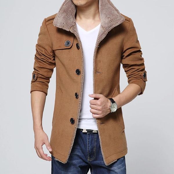 Abrigos de trinchera para hombres Hombres Invierno Cálido Piel Forrada Abrigo Abrigo Chaqueta Larga Outwear Cortavientos Color Sólido