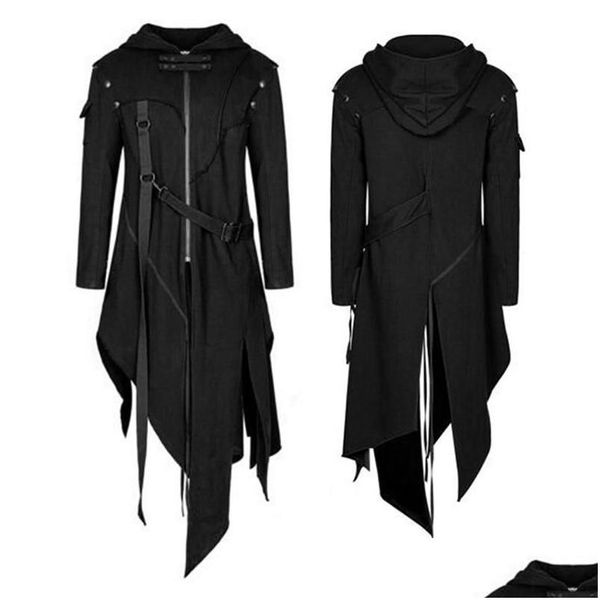 Trenchs pour hommes Hommes 2021 Cosplay médiéval Costumes d'Halloween gothiques pour hommes Robe Sorcière Moyen Âge Renaissance Cape noire Clothi DHD6Y