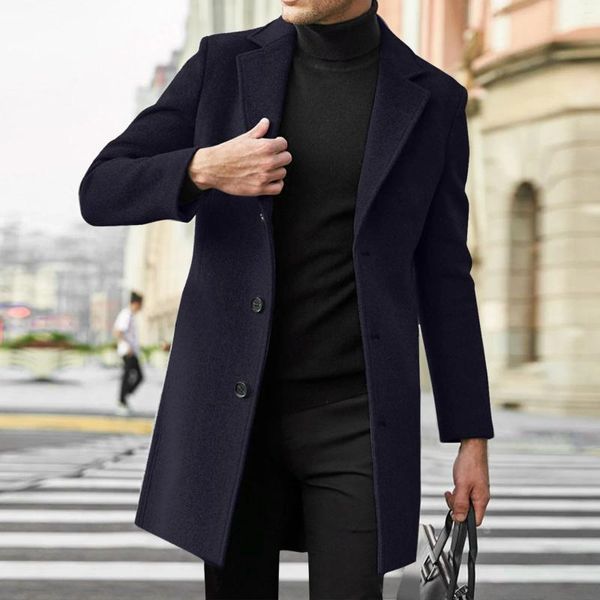 Abrigos de zanjas para hombres Abrigo para hombre Temperamento de estilo coreano Chaqueta larga de un solo pecho Color sólido Turn Down Collar Business Cardigan Abrigo