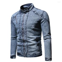 Hommes Trench Coats Hommes Polaire Chaud Col Montant Fermeture Éclair Moto Biker Jean Vestes Homme Casual Solide Couleur Denim Automne Hiver Veste