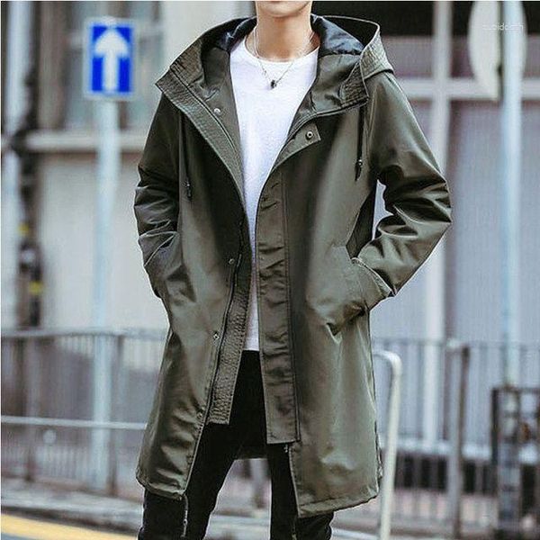 Trench Coats Mens Mens Green Coat Spring Automne Veste mâle Long Hooded Hooded Solide Loose Fashion Casual Windbreaker Coreen Breaker C36