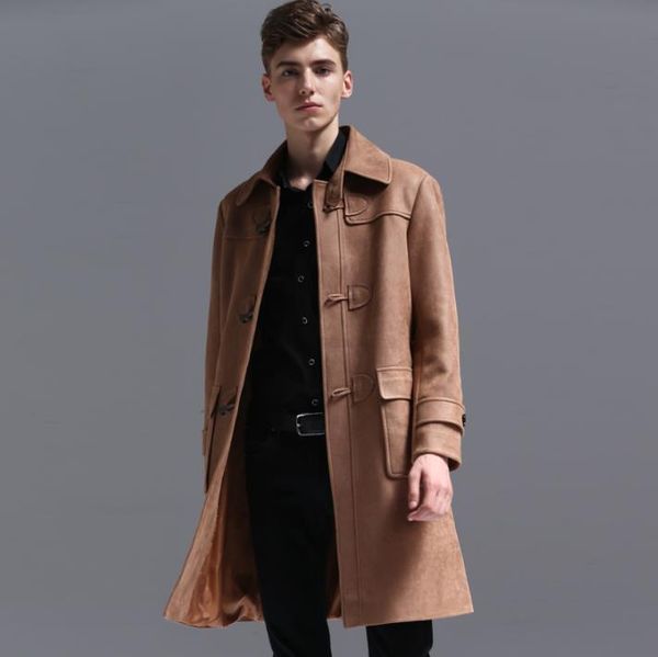 Hommes Trench Coats Hommes Homme Long Manteau Hommes En Cuir Crochet Boucle Vêtements Slim Fit Pardessus Manches Rétro Automne Hiver FashionMen's