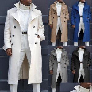 Trenchs Hommes Hommes Notch Revers Manteaux Double Boutonnage Long Trench-Coat Casual Mélange De Coton Caban Mode Automne Hiver Drop Deli Dhplg