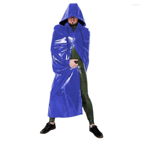 Trenchs pour hommes Hommes Sexy Brillant PVC Cuir Robe à capuche Avant Fermeture à glissière Bondage Wetlook Sans manches Enveloppé Manteau Clubwear Cosplay Costume