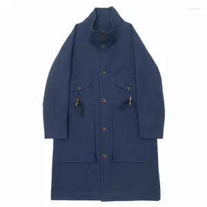 Heren Trench Coats Oorspronkelijk ontwerp Japan Retro veer blauw geverfde slomp katoen casual lange windbreaker jas losse borsten jas