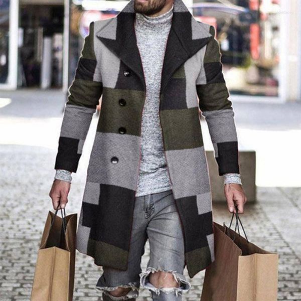 Gabardinas para Hombres Abrigo Coreano con Estampado A Cuadros De Un Solo Pecho para Hombre Otoño/Invierno Largo Espesar Cortavientos Moda Causal Abrigo Ropa De Abrigo para Hombres