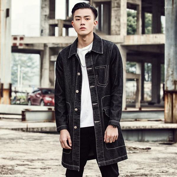 Hommes Trench Coats Plus La Taille 5XL Casual Hommes Long Coupe-Vent Mode Coréenne Lâche Simple Poitrine Col Rabattu Denim Streetwear