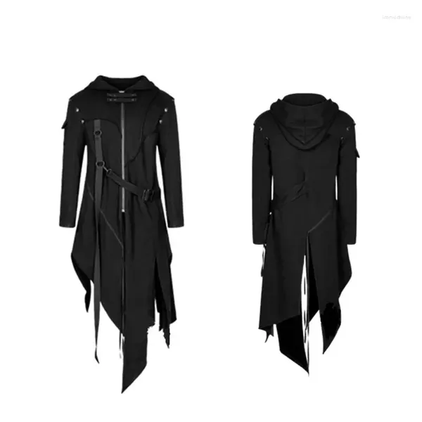 Gabardinas para hombres S-5XL Abrigo mandarín gótico Renacimiento medieval Irregular con capucha Traje de samurái Chaqueta cortavientos Cremallera