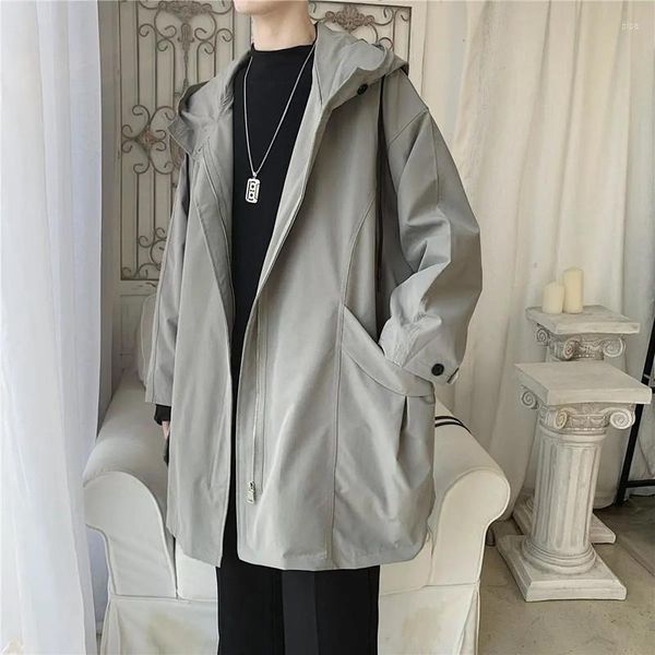 Hommes Trench-Coats Solide Hommes Manteau À Capuche Harajuku Mode Long Homme Automne Vêtements Style Coréen Poche Fermeture Éclair Coupe-Vent Manteau Homme