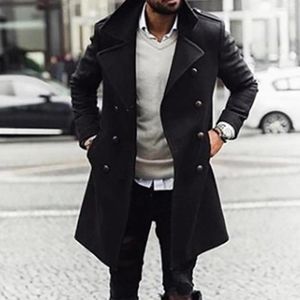 Trenchs pour hommes printemps et automne noir laine solide décontracté côté cousu poche ajustement avec ceinture double boutonnage manteau de jeunesse